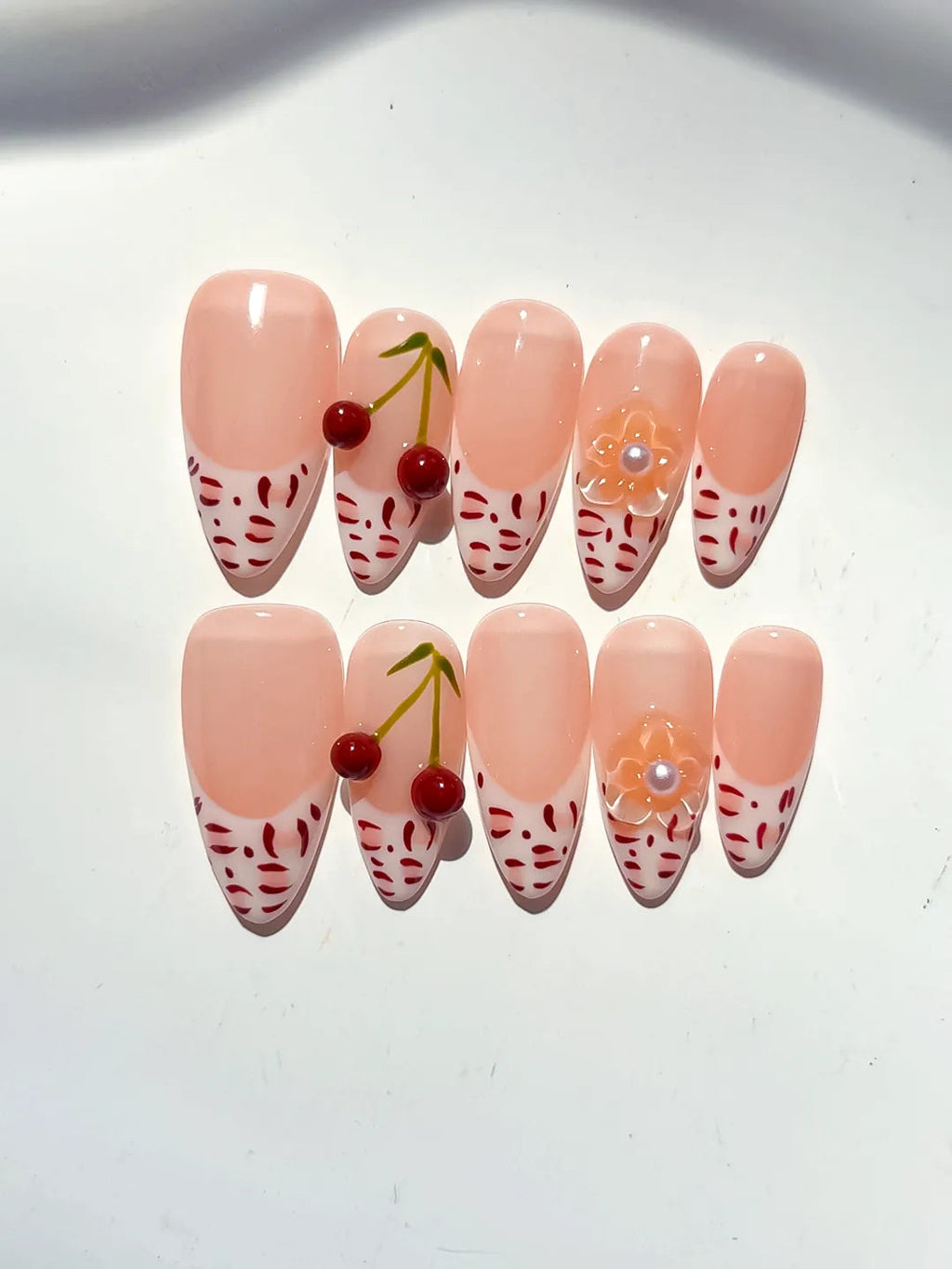 D500 - Medium Nude White Almond French tip Cherry Animal Print VibeNailsLab