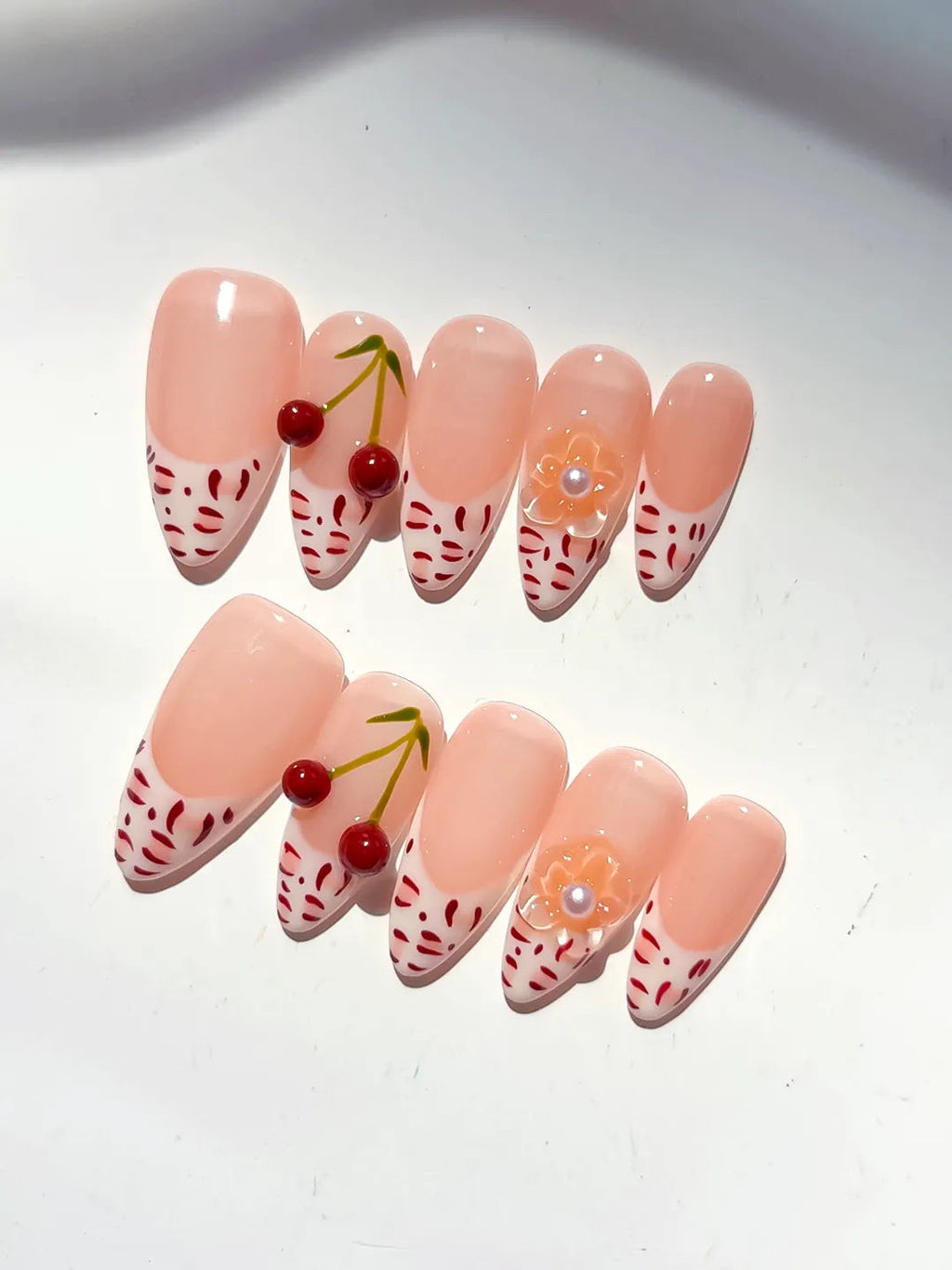 D500 - Medium Nude White Almond French tip Cherry Animal Print VibeNailsLab