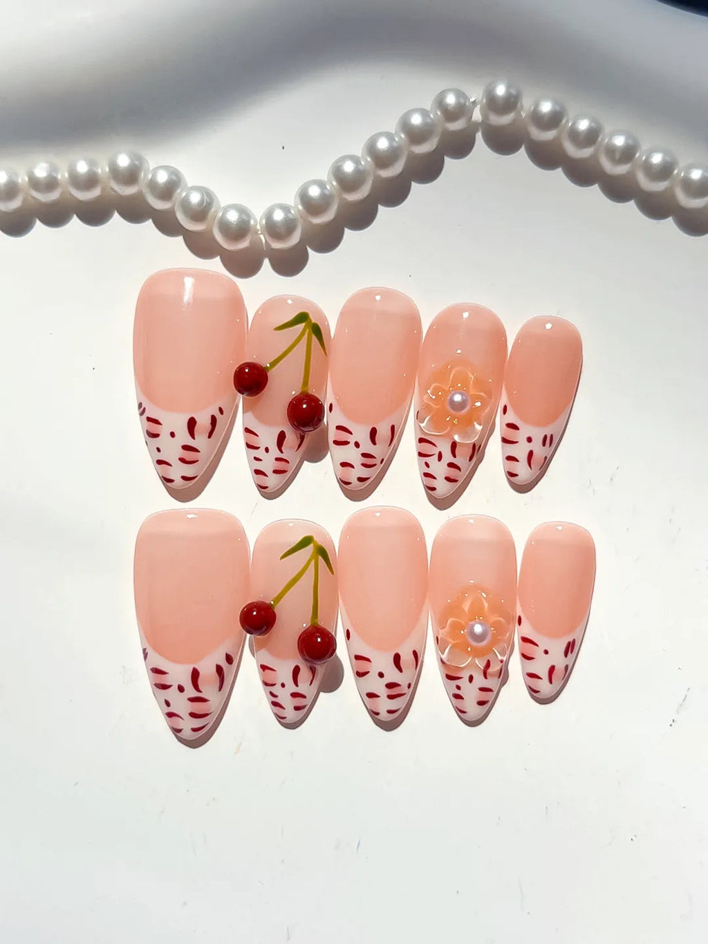 D500 - Medium Nude White Almond French tip Cherry Animal Print VibeNailsLab