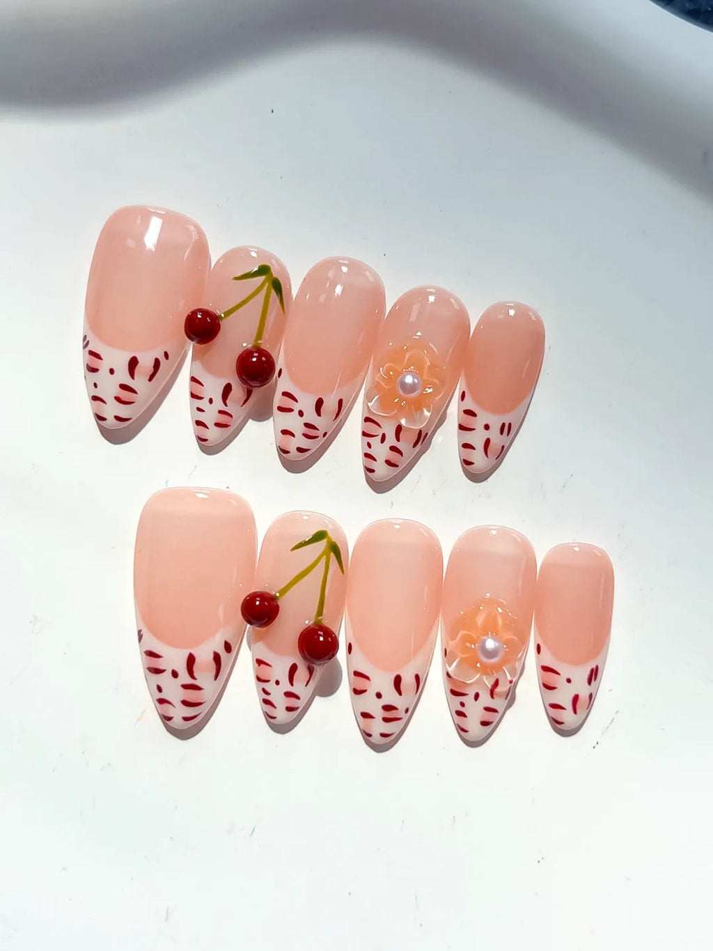 D500 - Medium Nude White Almond French tip Cherry Animal Print VibeNailsLab