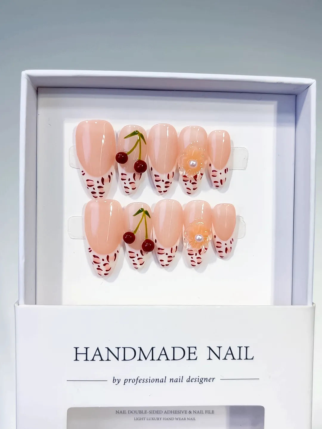 D500 - Medium Nude White Almond French tip Cherry Animal Print VibeNailsLab