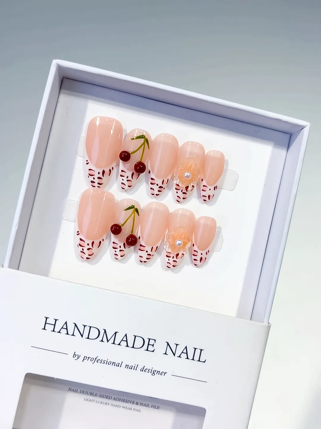D500 - Medium Nude White Almond French tip Cherry Animal Print VibeNailsLab