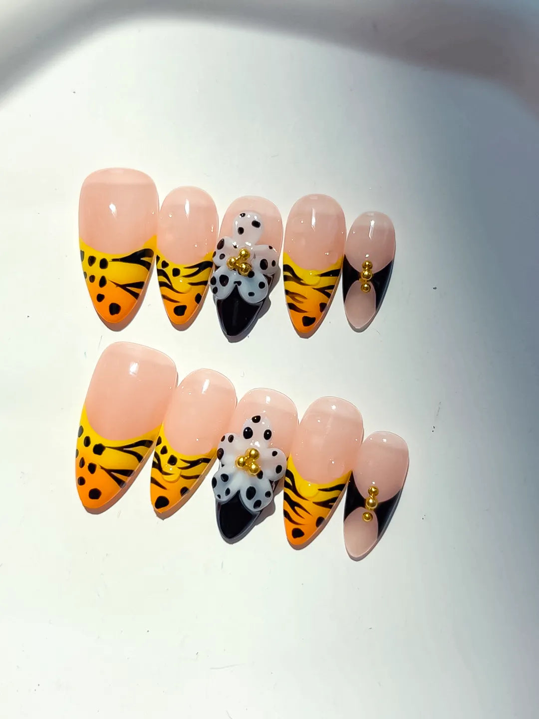 D501 - Medium Nude Yellow Almond French tip Flower Animal Print VibeNailsLab