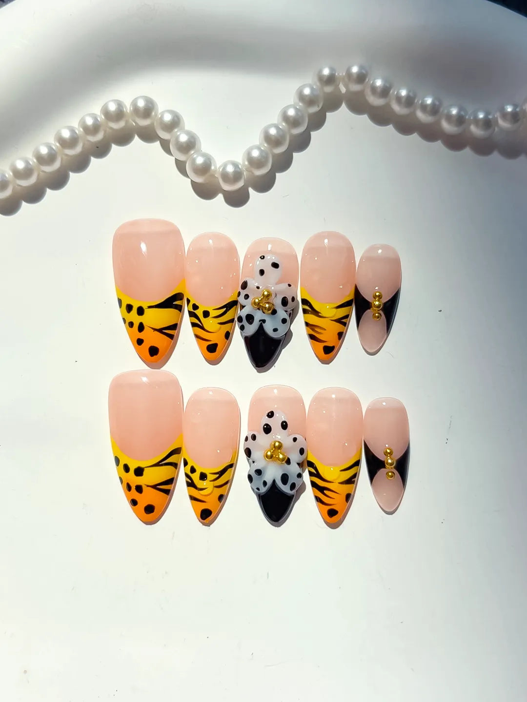 D501 - Medium Nude Yellow Almond French tip Flower Animal Print VibeNailsLab