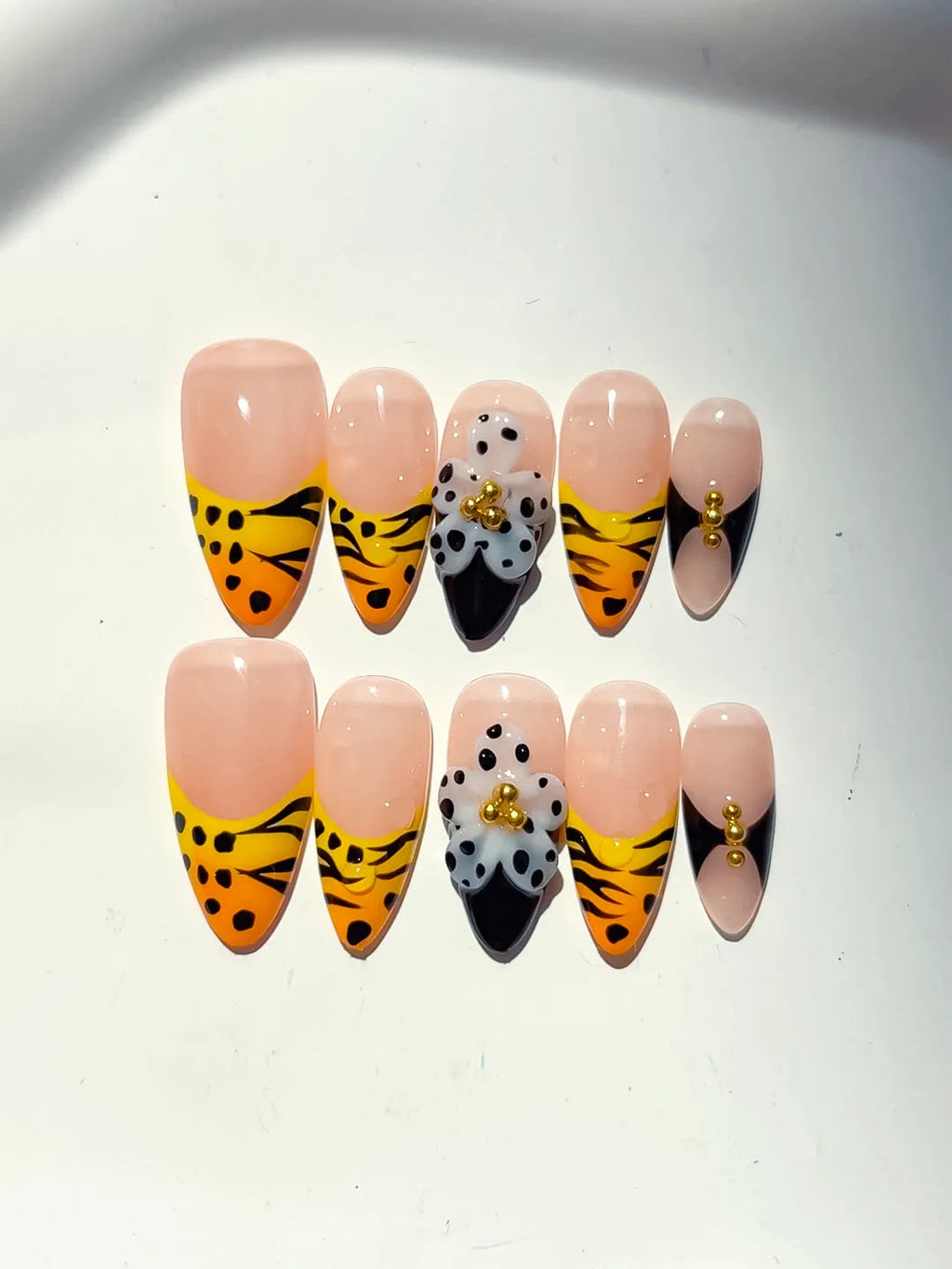 D501 - Medium Nude Yellow Almond French tip Flower Animal Print VibeNailsLab