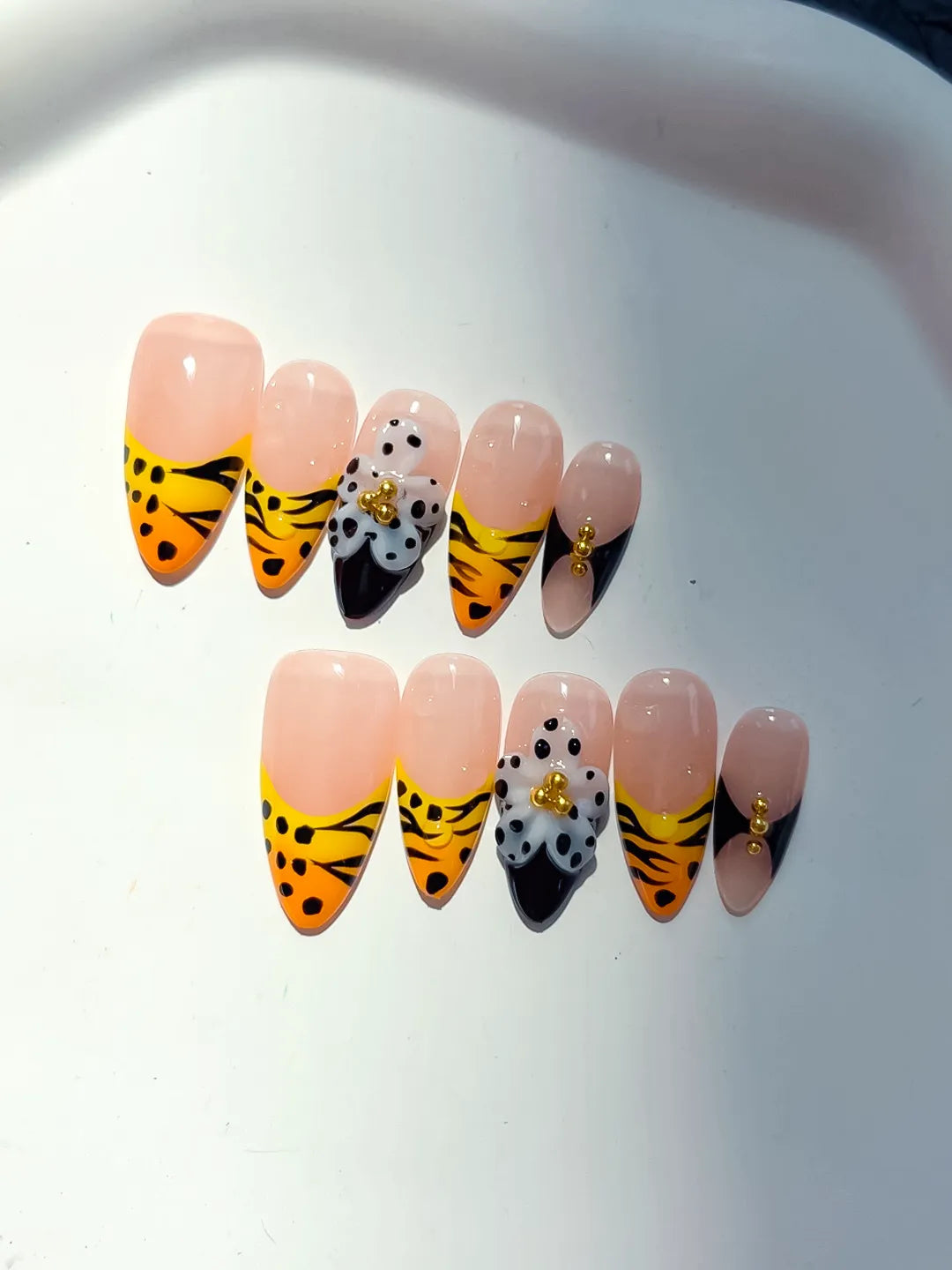 D501 - Medium Nude Yellow Almond French tip Flower Animal Print VibeNailsLab