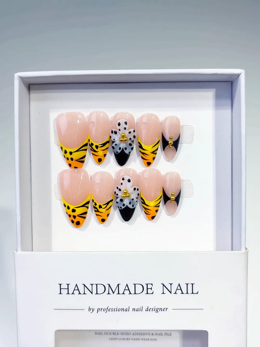 D501 - Medium Nude Yellow Almond French tip Flower Animal Print VibeNailsLab