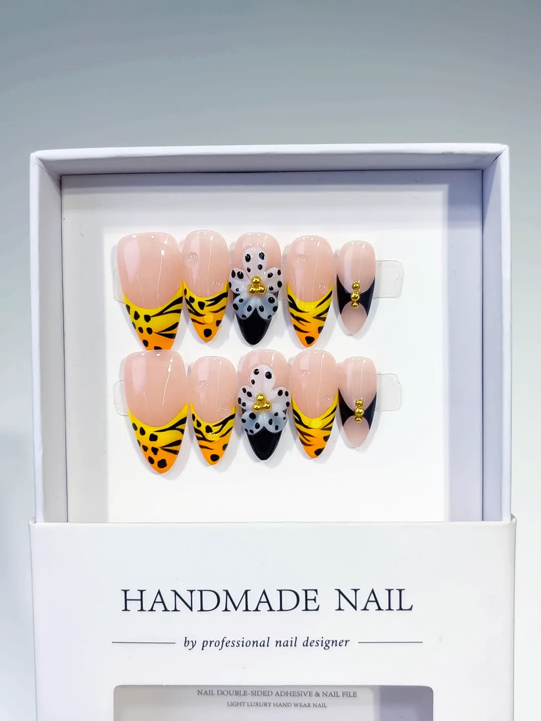 D501 - Medium Nude Yellow Almond French tip Flower Animal Print VibeNailsLab