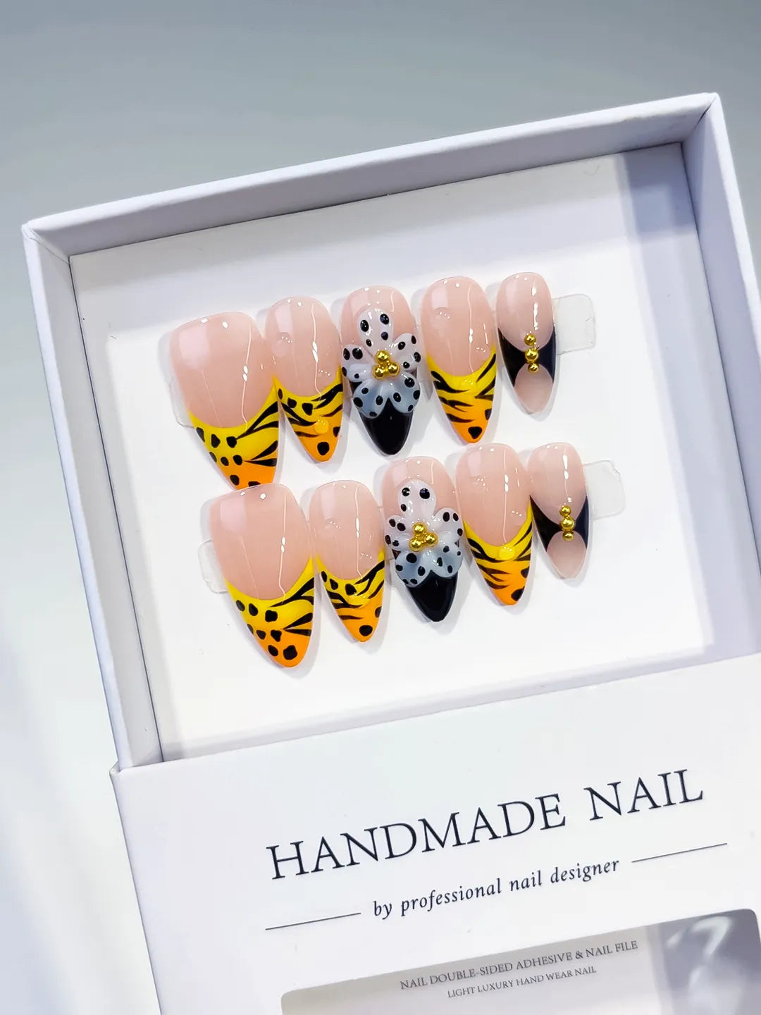 D501 - Medium Nude Yellow Almond French tip Flower Animal Print VibeNailsLab