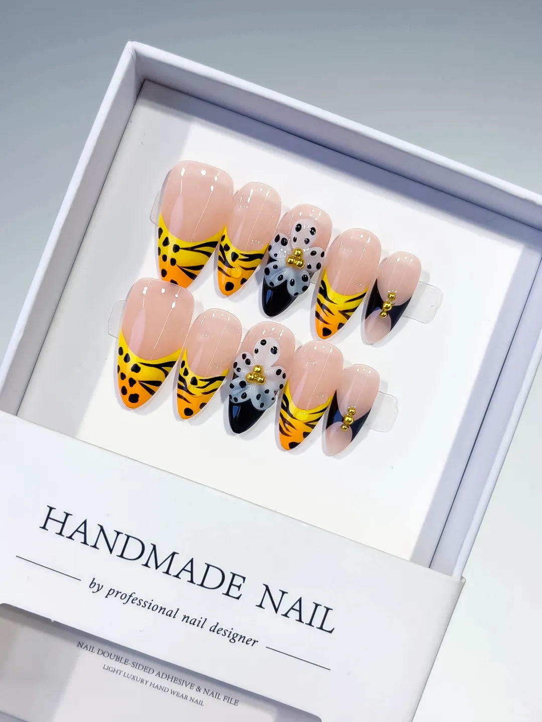 D501 - Medium Nude Yellow Almond French tip Flower Animal Print VibeNailsLab
