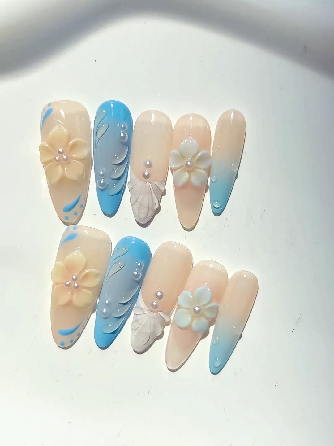 D502 - Long Nude Blue Almond French tip Flower Rhinestone