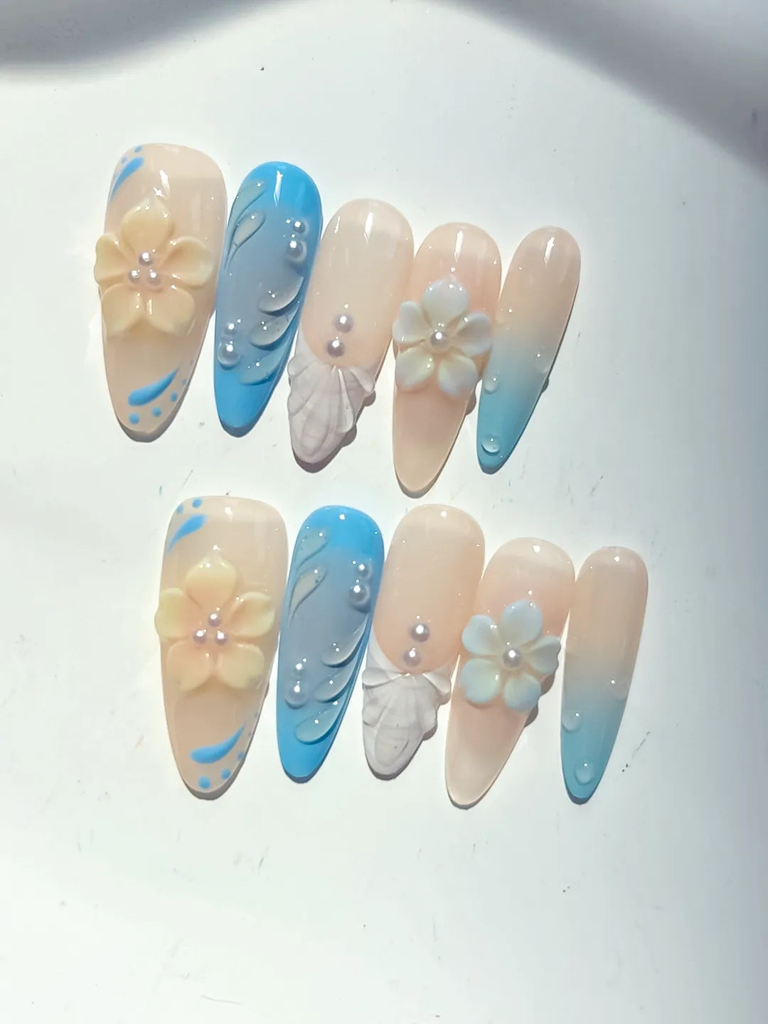 D502 - Long Nude Blue Almond French tip Flower Rhinestone