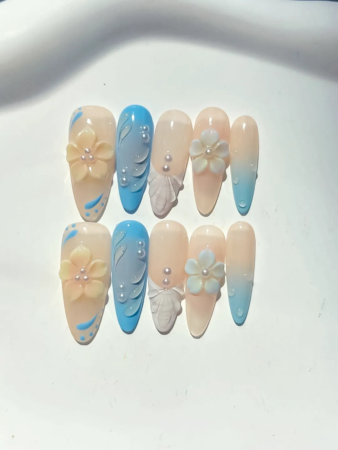 D502 - Long Nude Blue Almond French tip Flower Rhinestone