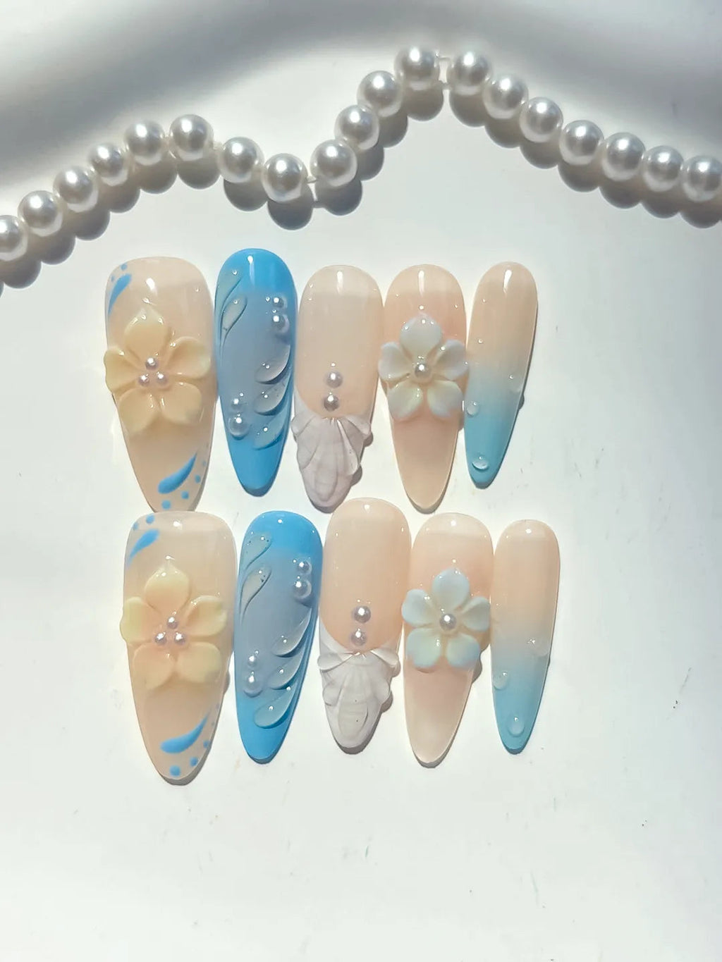 D502 - Long Nude Blue Almond French tip Flower Rhinestone VibeNailsLab