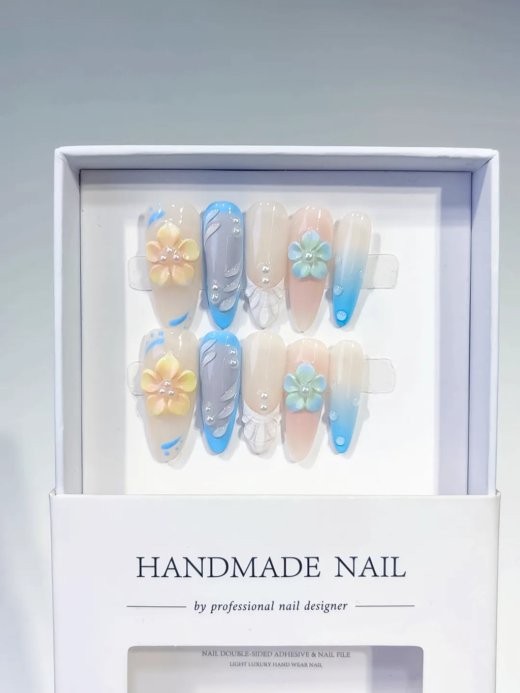 D502 - Long Nude Blue Almond French tip Flower Rhinestone