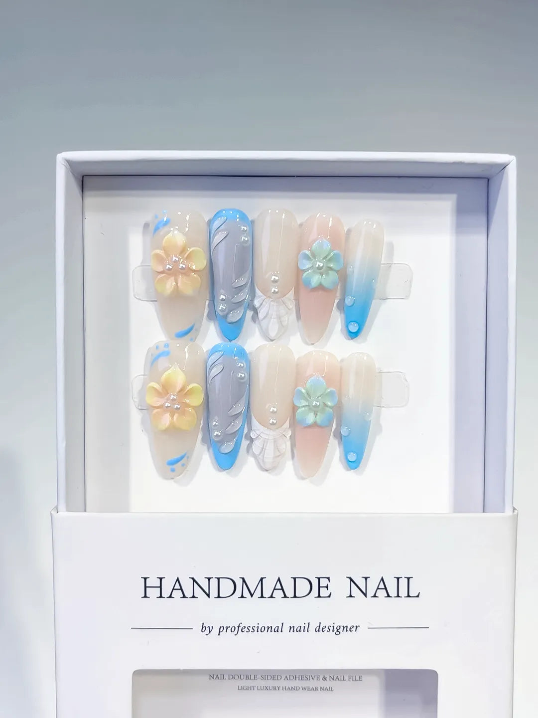 D502 - Long Nude Blue Almond French tip Flower Rhinestone