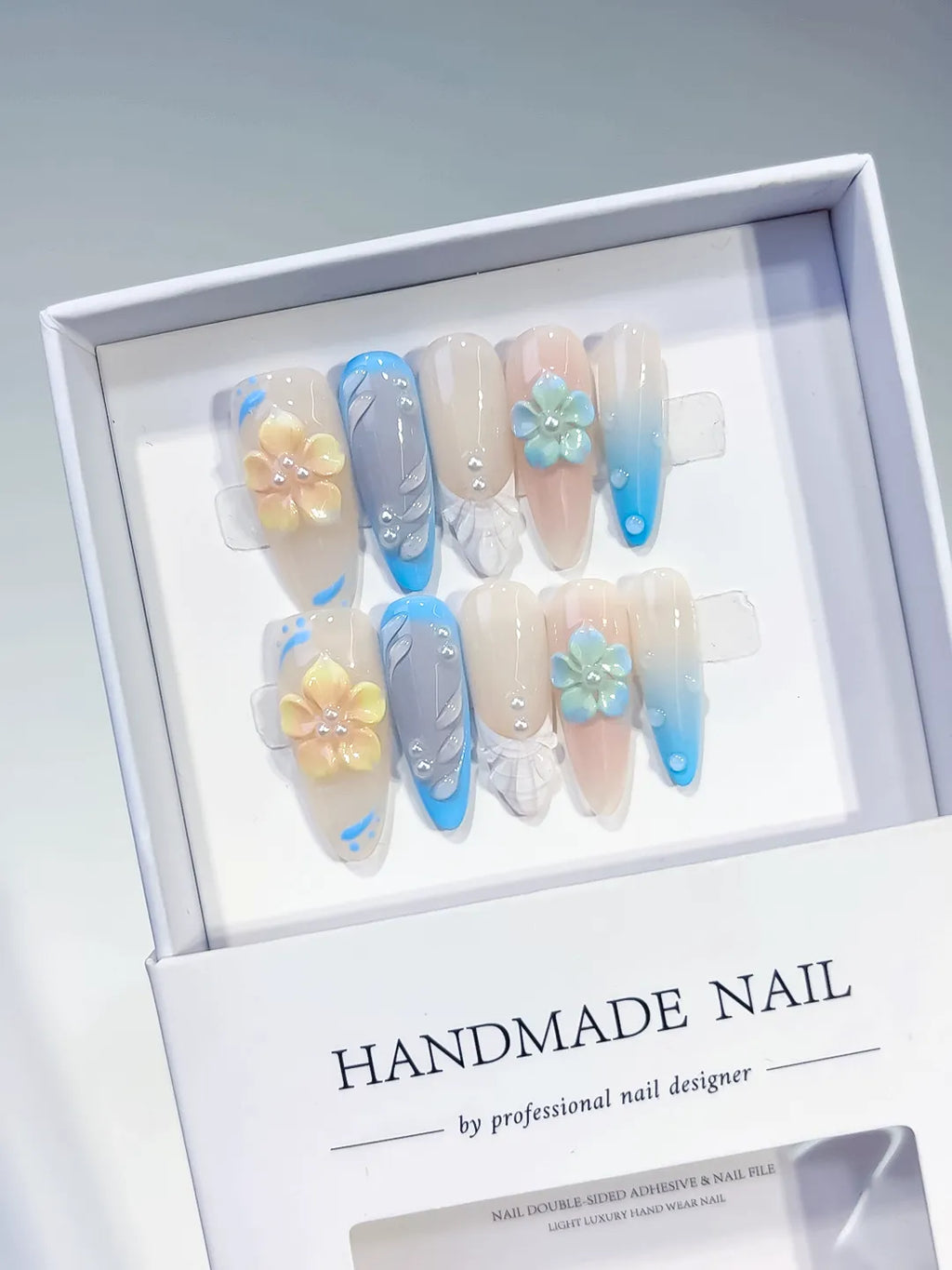 D502 - Long Nude Blue Almond French tip Flower Rhinestone