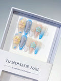D502 - Long Nude Blue Almond French tip Flower Rhinestone