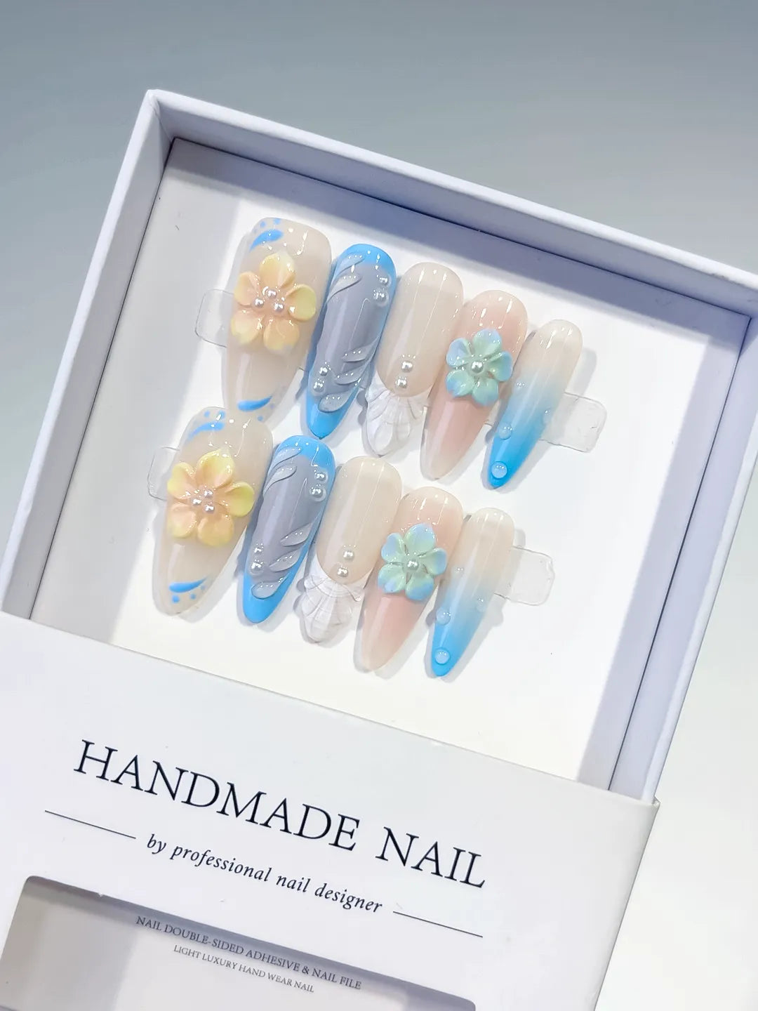 D502 - Long Nude Blue Almond French tip Flower Rhinestone