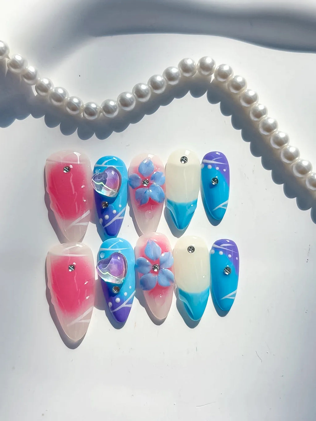D504 - Medium Pink Blue Almond Abstract Heart Flower