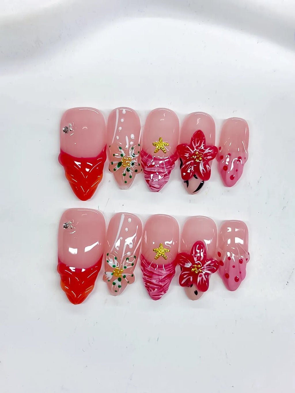 D507 - Medium Pink Red Almond Abstract Flower Star