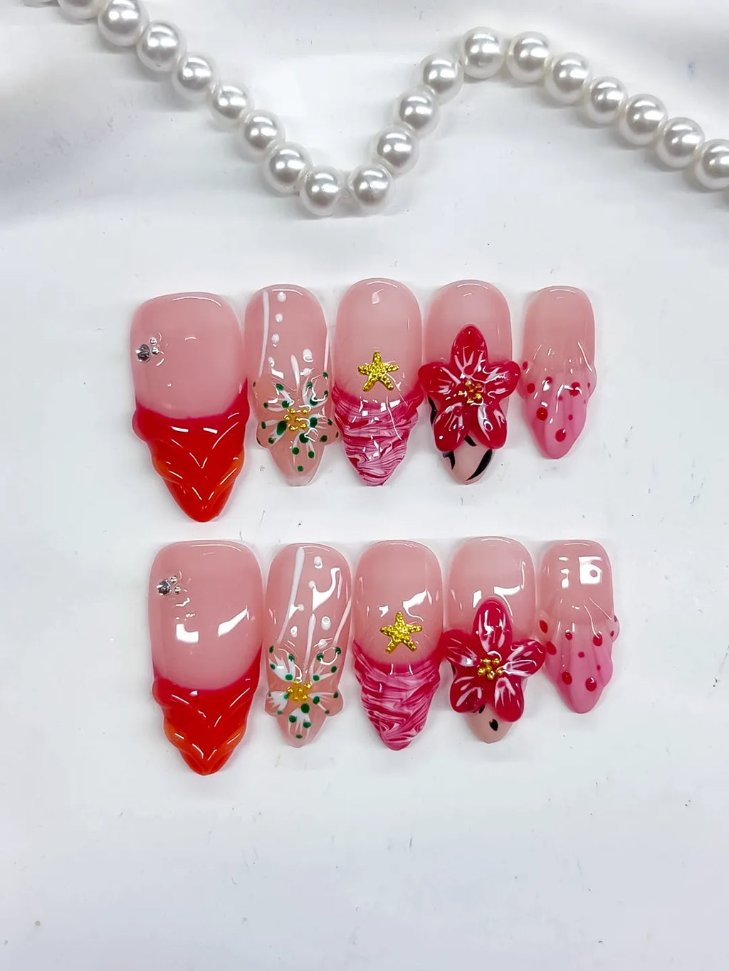 D507 - Medium Pink Red Almond Abstract Flower Star