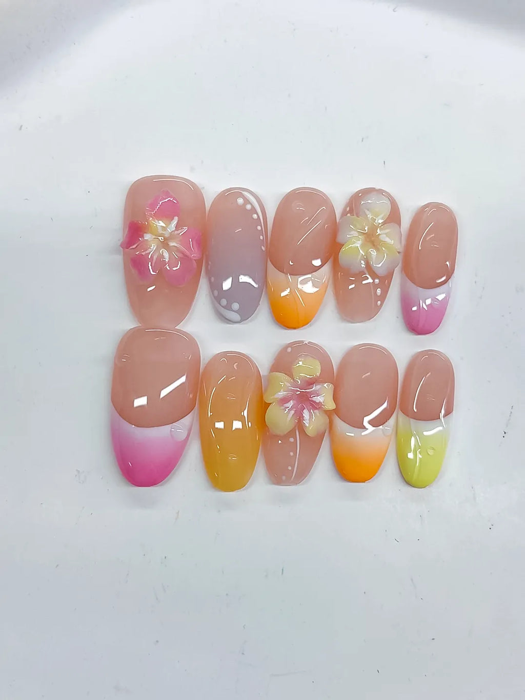 D508 - Medium Pink Yellow Oval French tip Flower Pearl