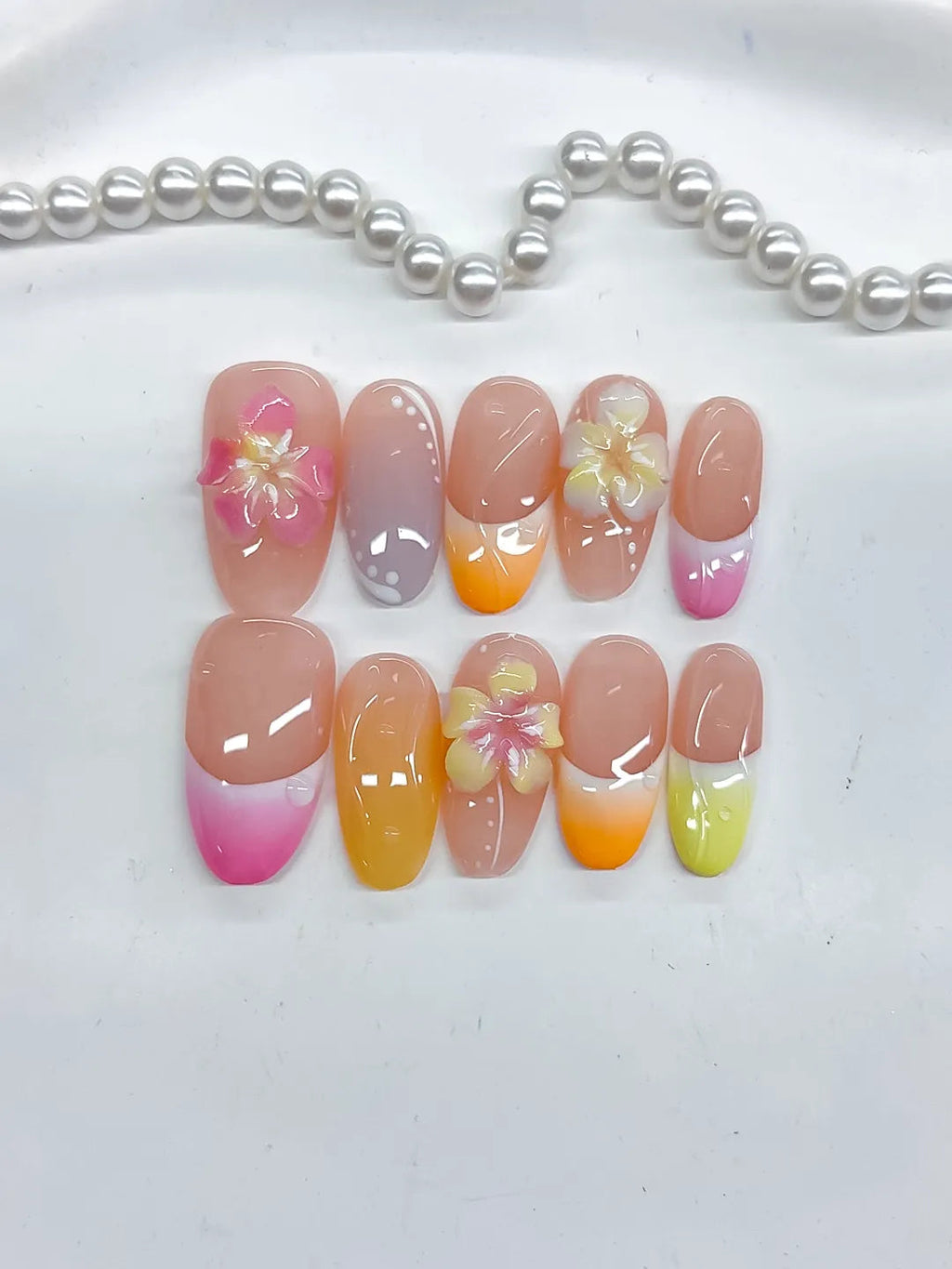 D508 - Medium Pink Yellow Oval French tip Flower Pearl VibeNailsLab