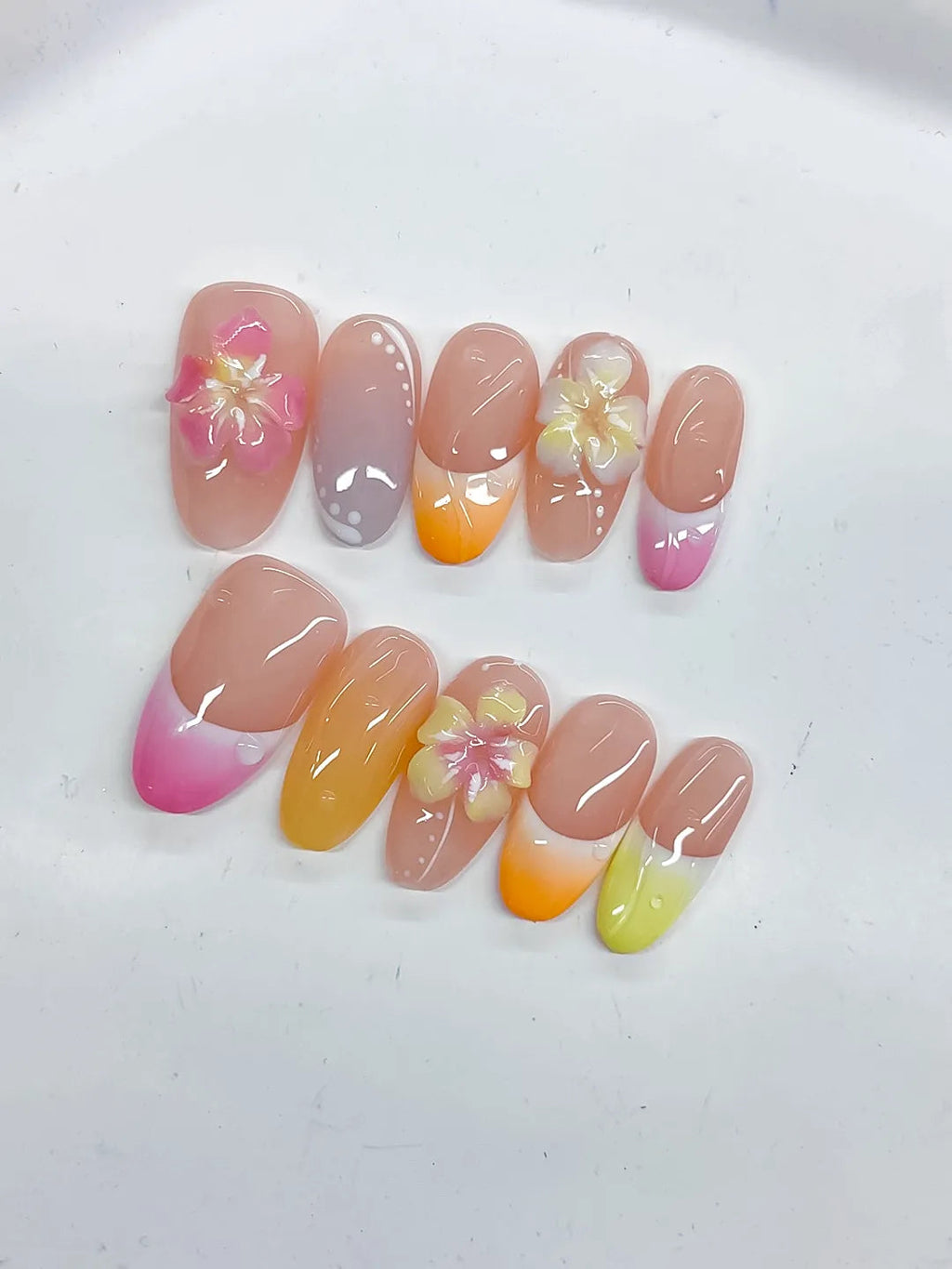 D508 - Medium Pink Yellow Oval French tip Flower Pearl VibeNailsLab