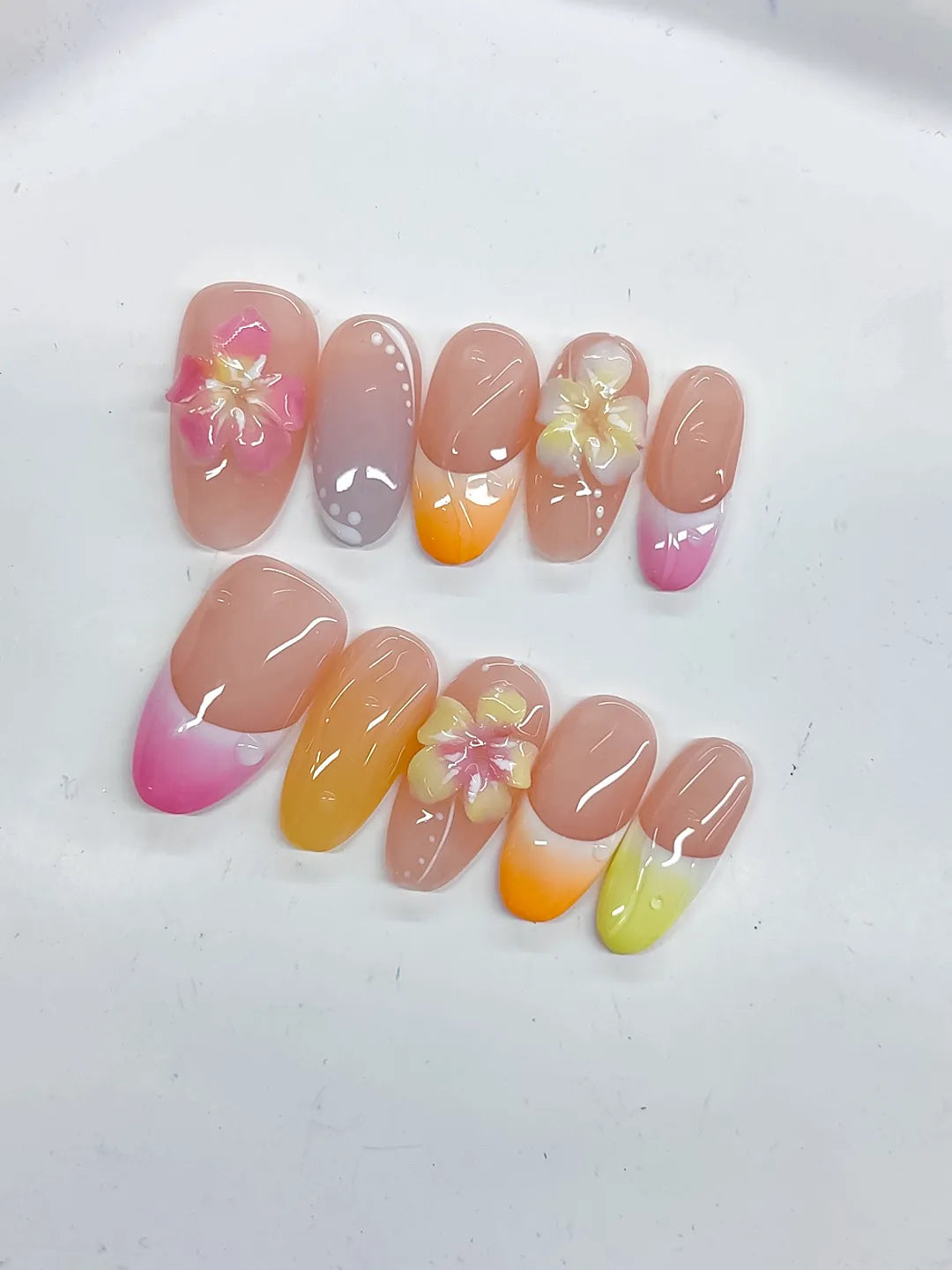 D508 - Medium Pink Yellow Oval French tip Flower Pearl VibeNailsLab