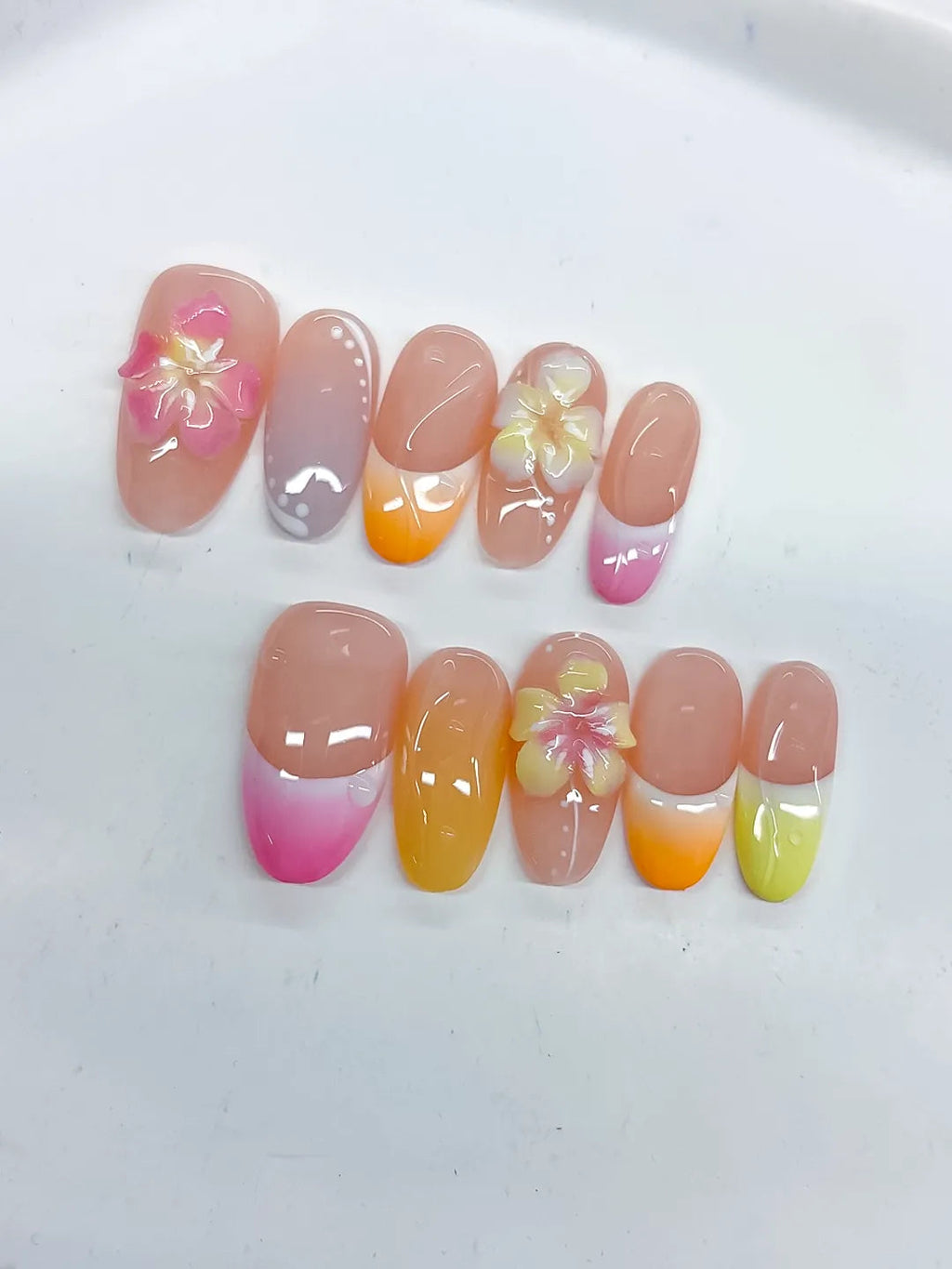 D508 - Medium Pink Yellow Oval French tip Flower Pearl VibeNailsLab