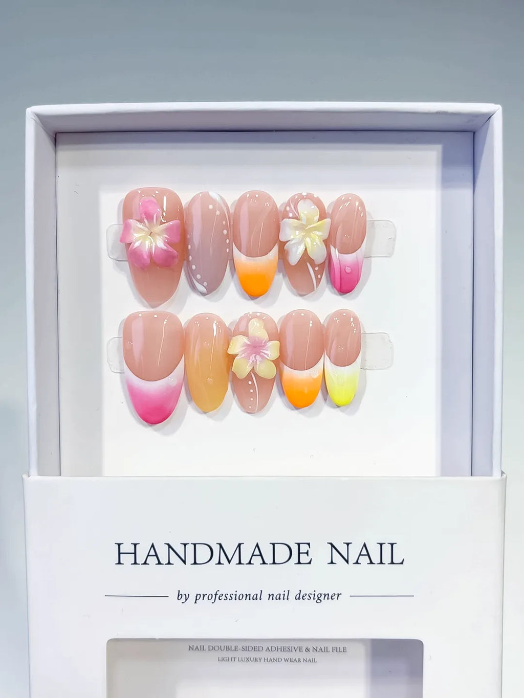 D508 - Medium Pink Yellow Oval French tip Flower Pearl