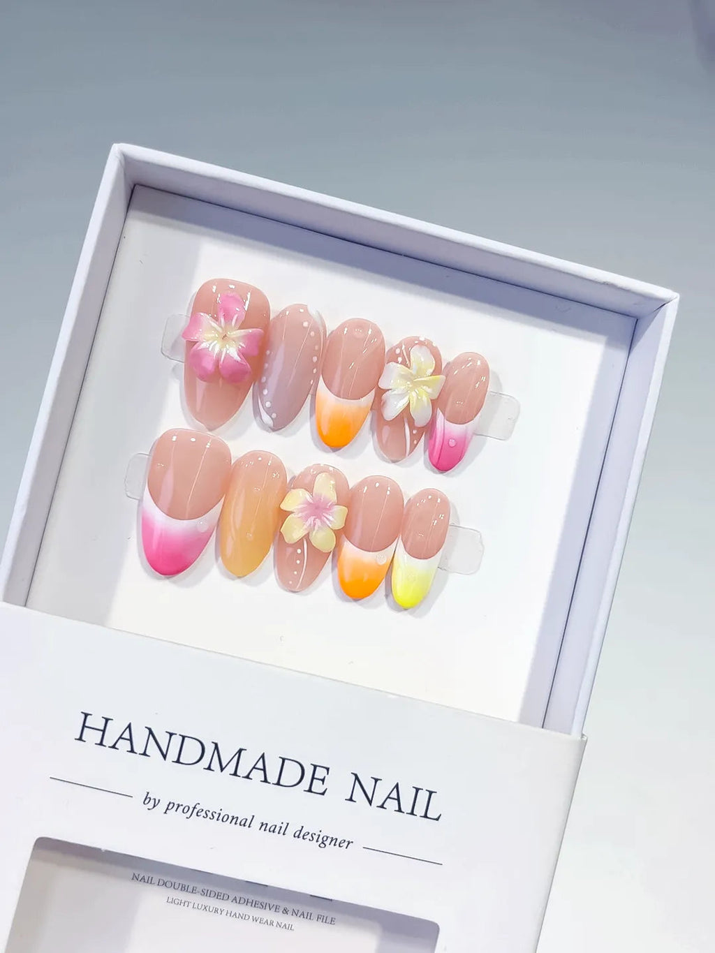 D508 - Medium Pink Yellow Oval French tip Flower Pearl VibeNailsLab