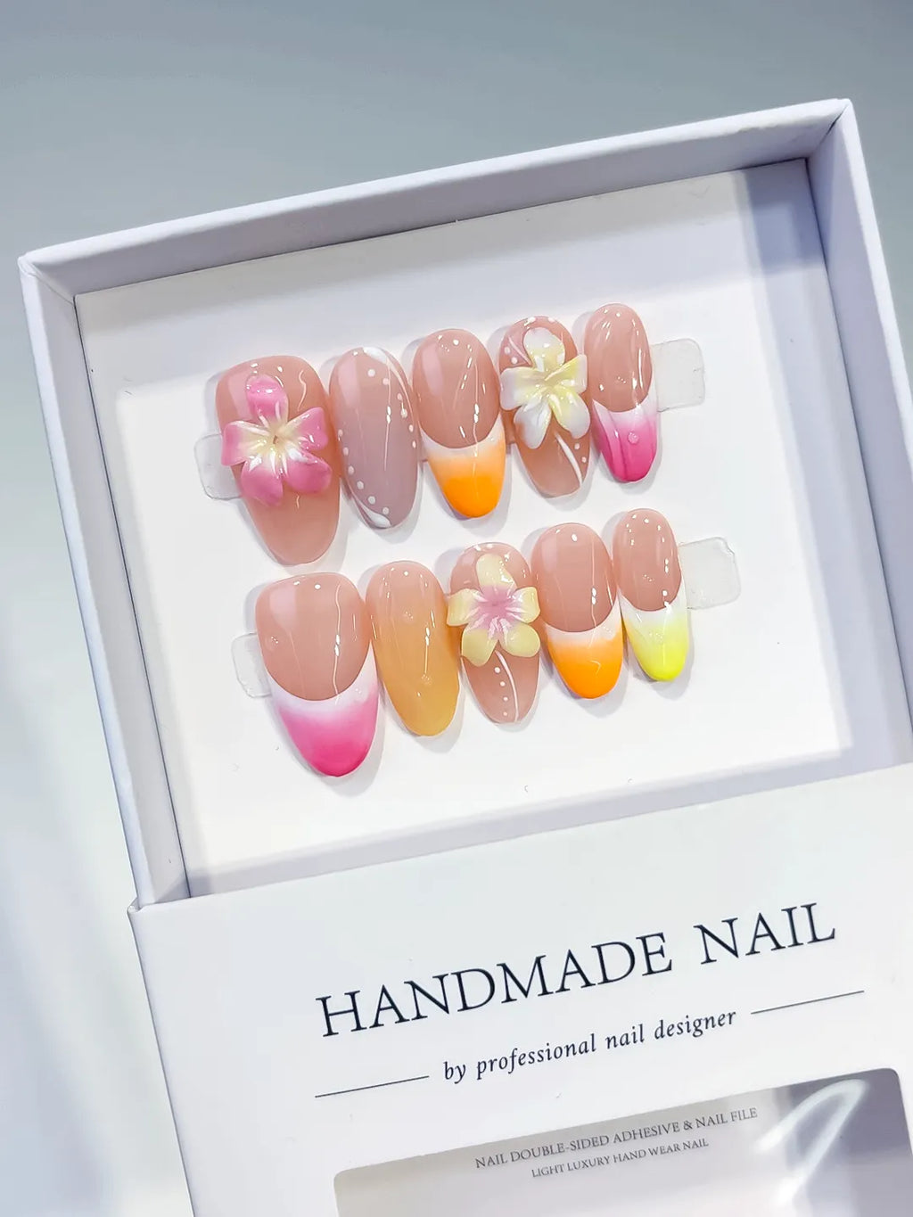 D508 - Medium Pink Yellow Oval French tip Flower Pearl