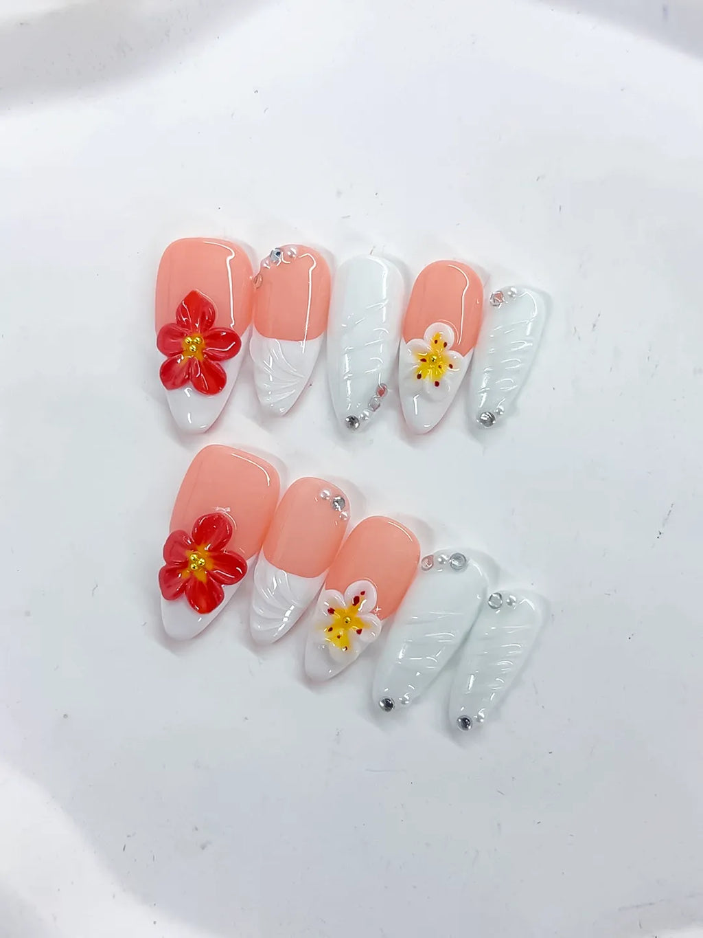 D509 - Medium Pink White Almond French tip Flower Rhinestone
