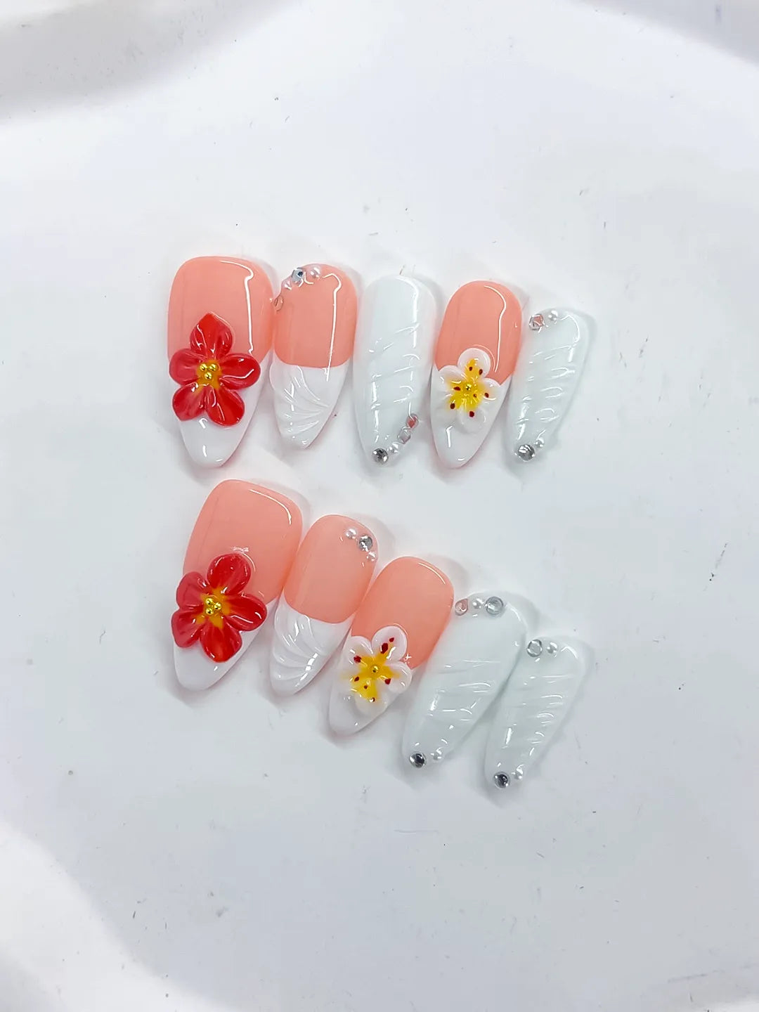 D509 - Medium Pink White Almond French tip Flower Rhinestone