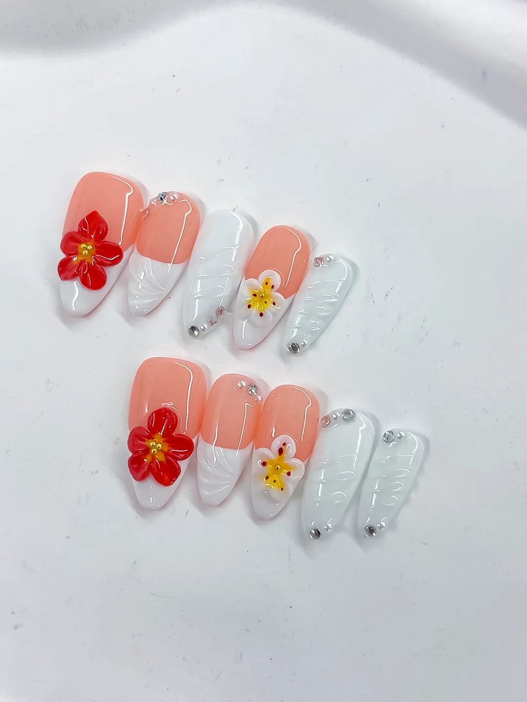 D509 - Medium Pink White Almond French tip Flower Rhinestone