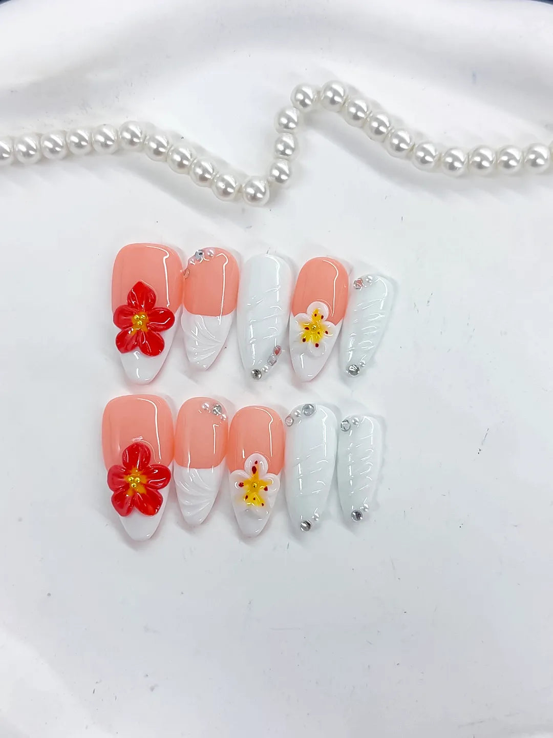 D509 - Medium Pink White Almond French tip Flower Rhinestone