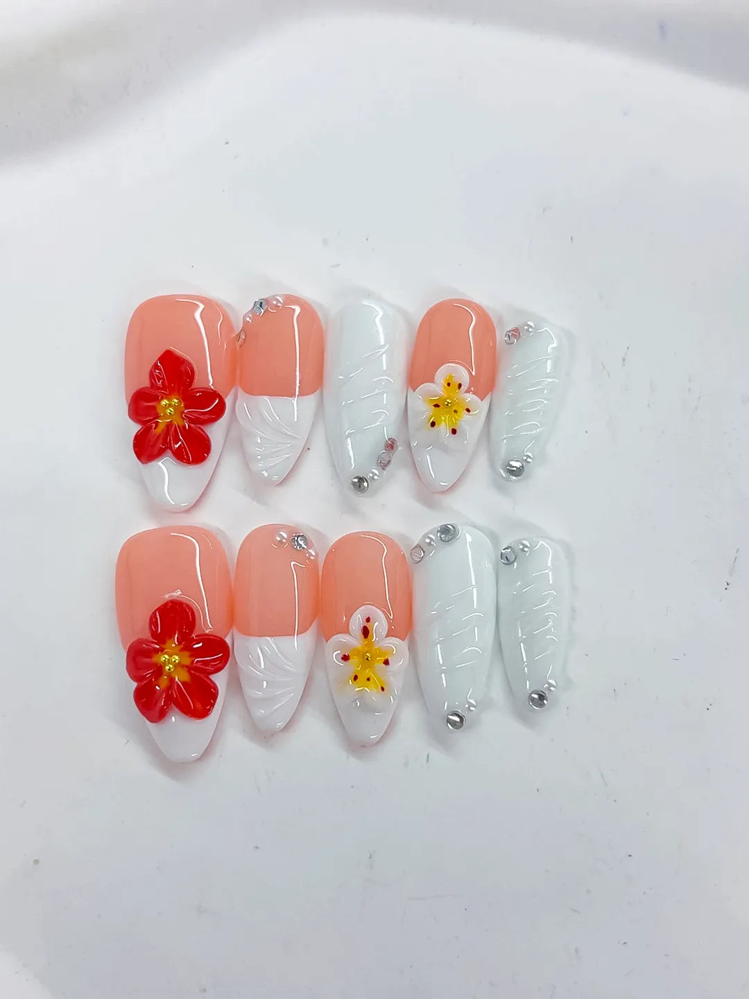 D509 - Medium Pink White Almond French tip Flower Rhinestone