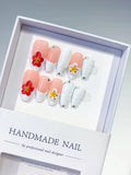D509 - Medium Pink White Almond French tip Flower Rhinestone