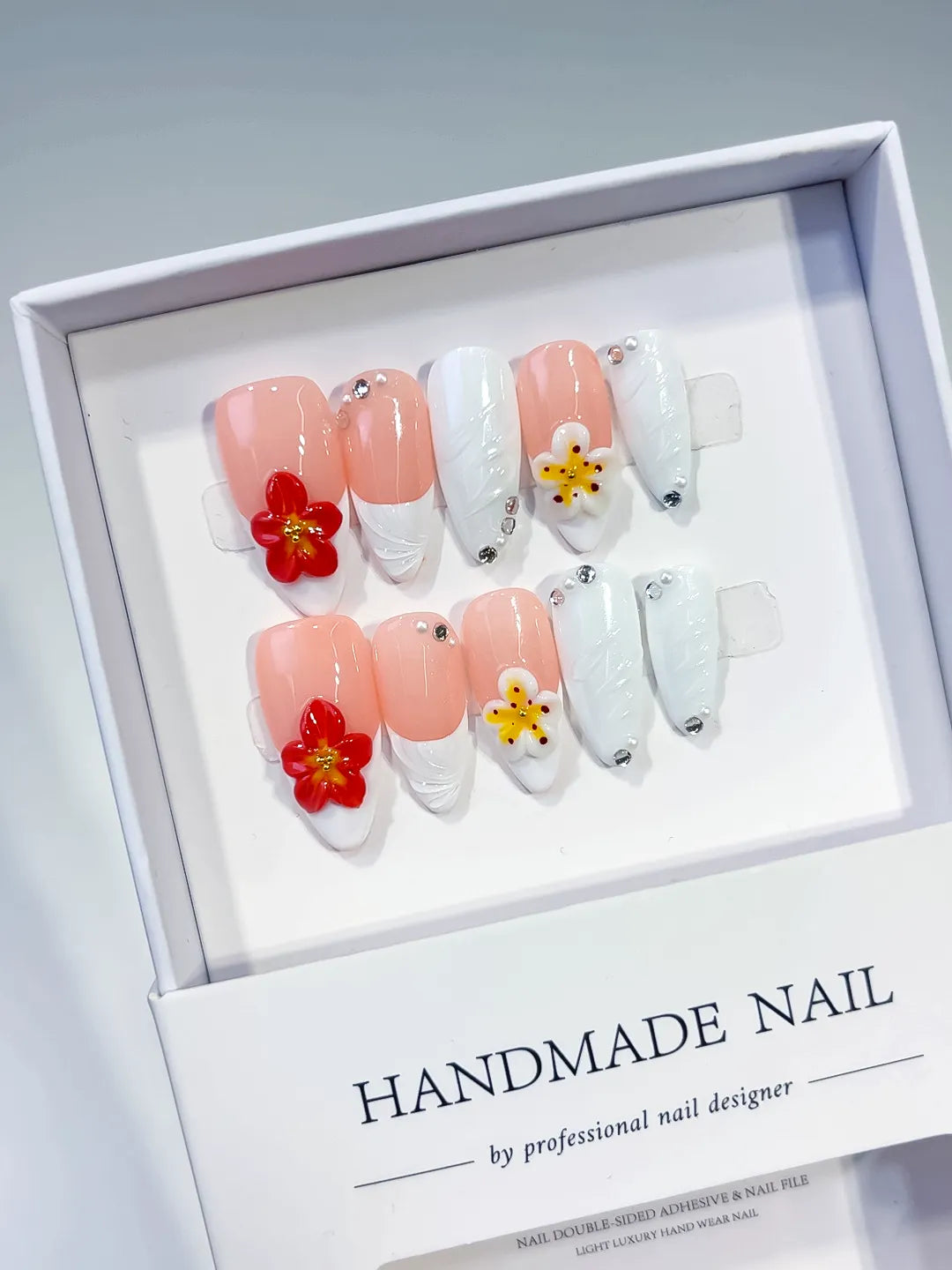 D509 - Medium Pink White Almond French tip Flower Rhinestone