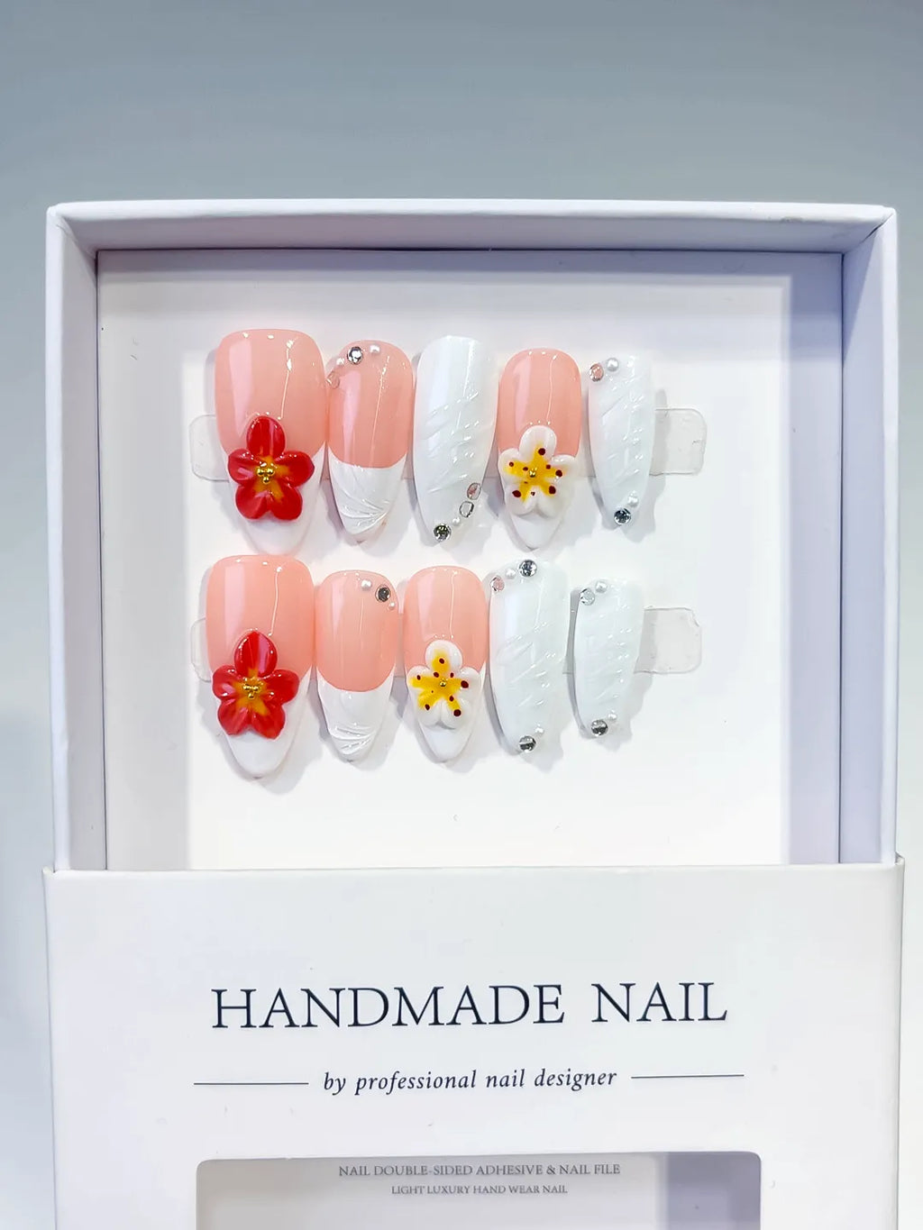 D509 - Medium Pink White Almond French tip Flower Rhinestone