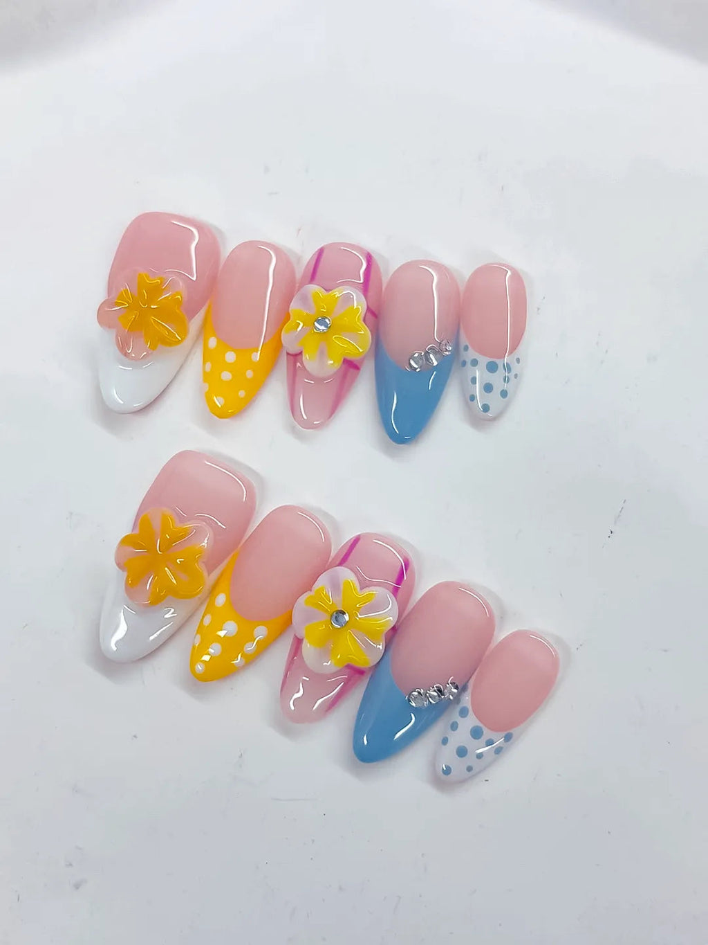 D510 - Medium Pink Yellow Almond French tip Flower Dot Pattern VibeNailsLab