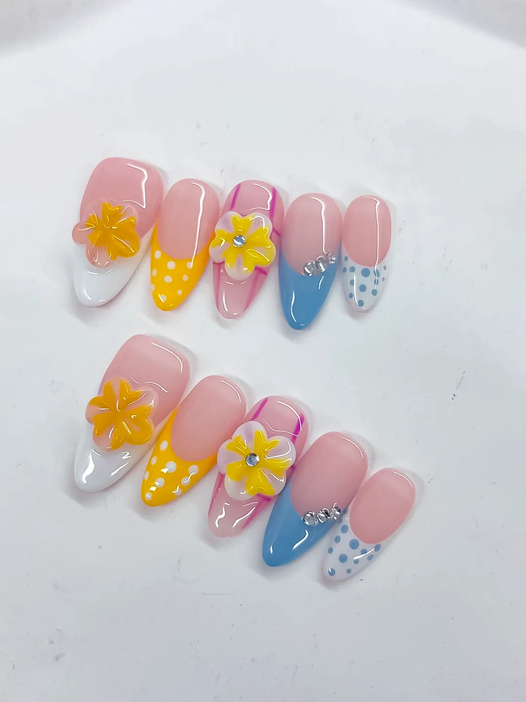 D510 - Medium Pink Yellow Almond French tip Flower Dot Pattern VibeNailsLab