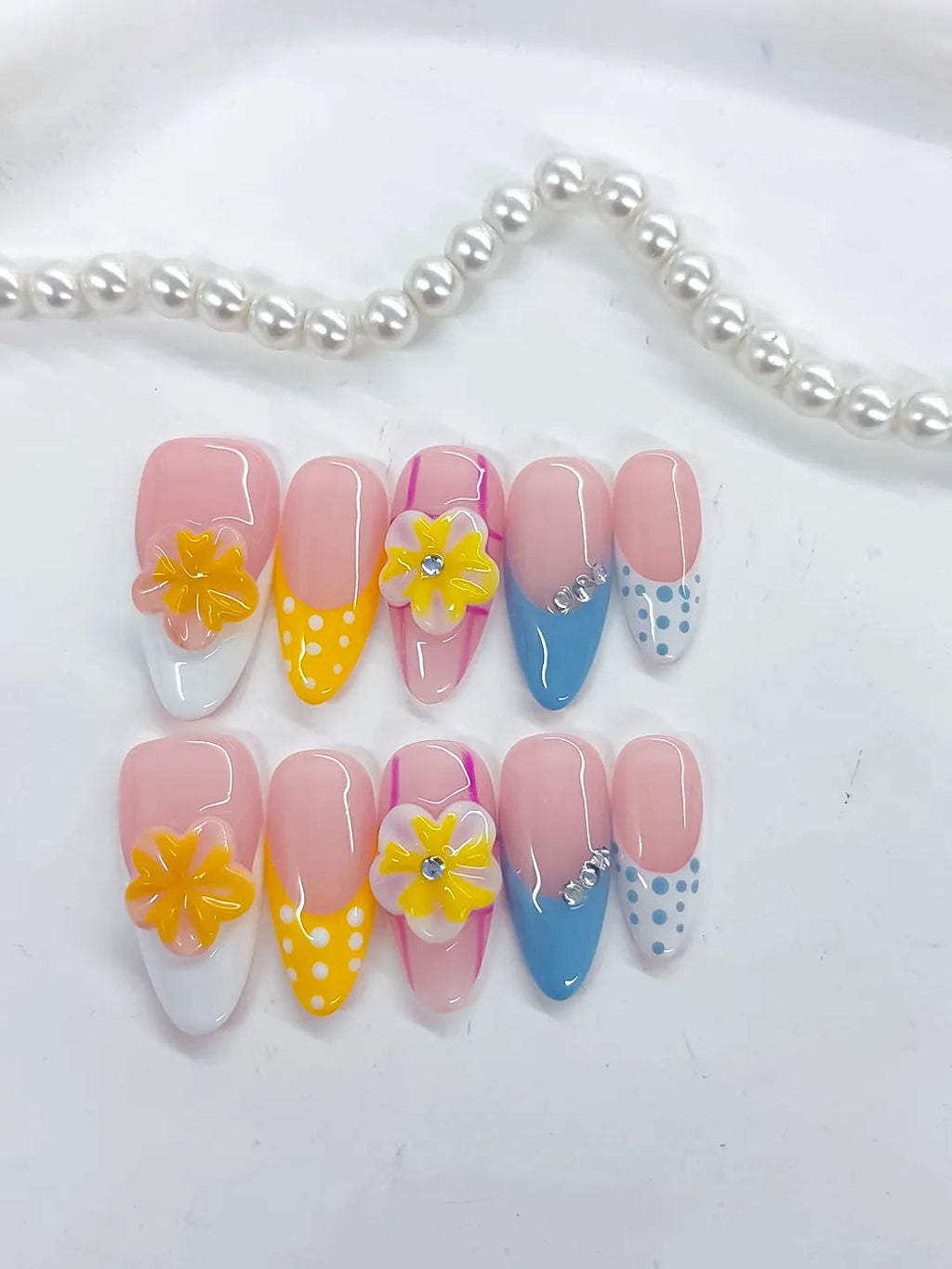 D510 - Medium Pink Yellow Almond French tip Flower Dot Pattern VibeNailsLab