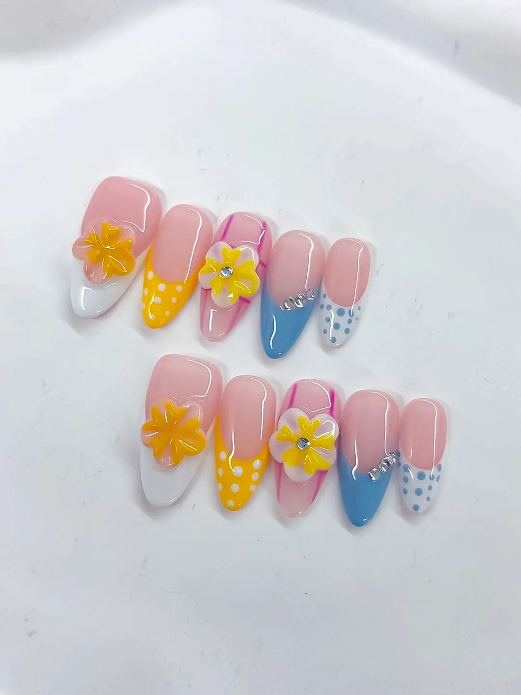 D510 - Medium Pink Yellow Almond French tip Flower Dot Pattern VibeNailsLab