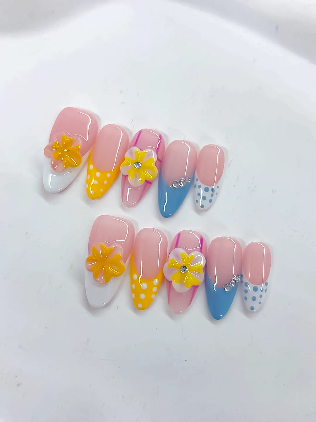 D510 - Medium Pink Yellow Almond French tip Flower Dot Pattern VibeNailsLab