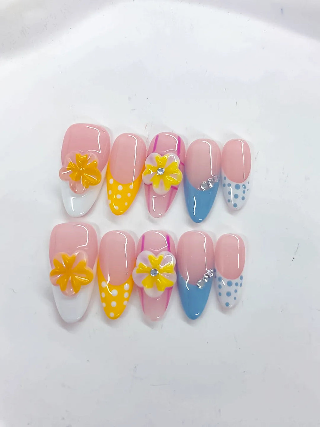 D510 - Medium Pink Yellow Almond French tip Flower Dot Pattern VibeNailsLab
