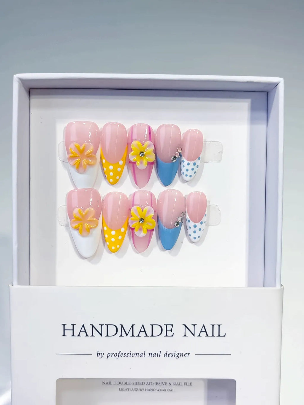 D510 - Medium Pink Yellow Almond French tip Flower Dot Pattern VibeNailsLab
