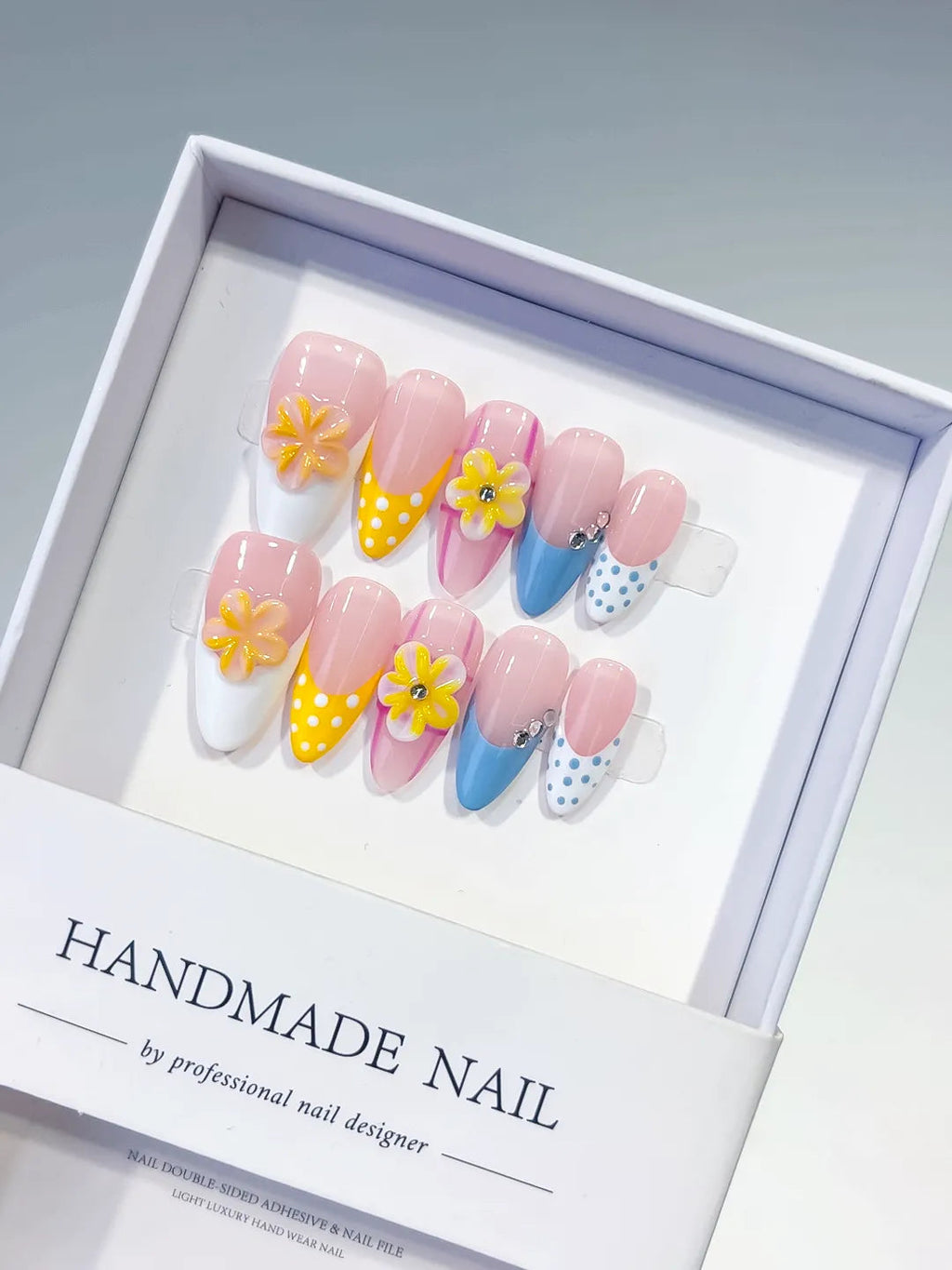 D510 - Medium Pink Yellow Almond French tip Flower Dot Pattern VibeNailsLab